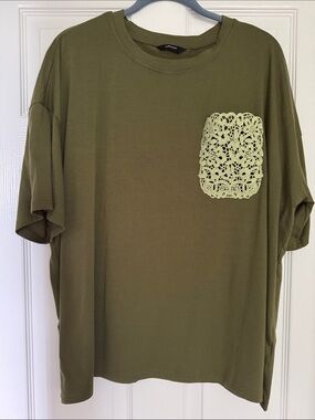 Women’s  Olive Green Crewneck T-Shirt with Lace Pocket